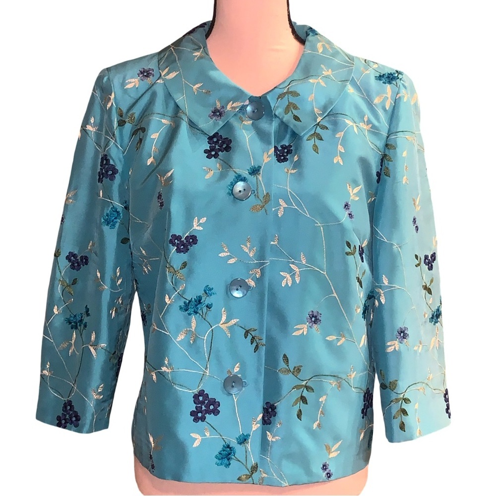 Talbots 100% Silk Blue Floral Embroidered Jacket Blazer 3/4 Sleeve Sz 12 lined